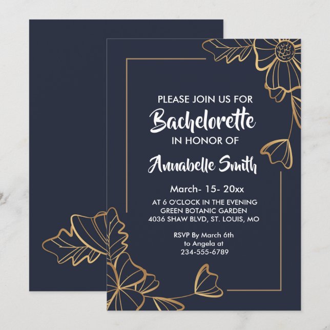 Navy & golden floral  bachelor invitation (Front/Back)