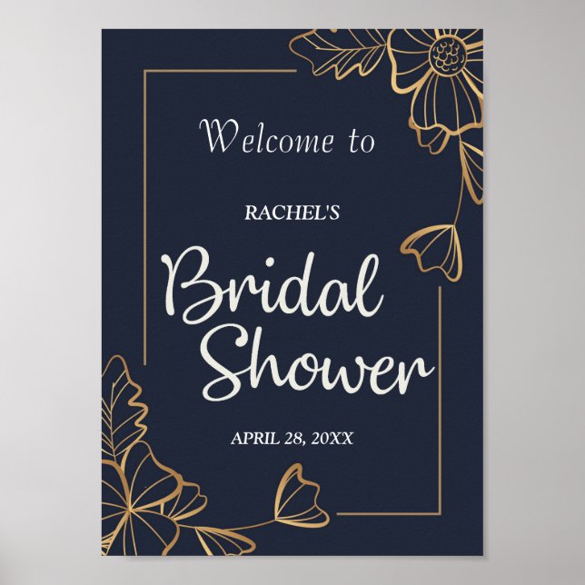 Navy & golden floral Bridal Shower Poster (Front)