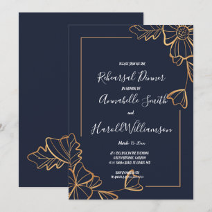 Navy & golden floral Rehearsal Dinner Invitation