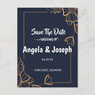 Navy & golden floral Save the Date Announcement Postcard
