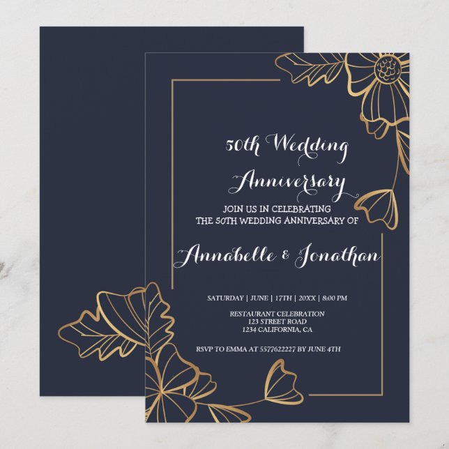 Navy & golden floral   Wedding Anniversary Invitation (Front/Back)