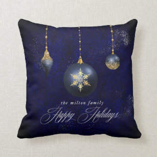 navy golden ornament happy holidays  throw pillow
