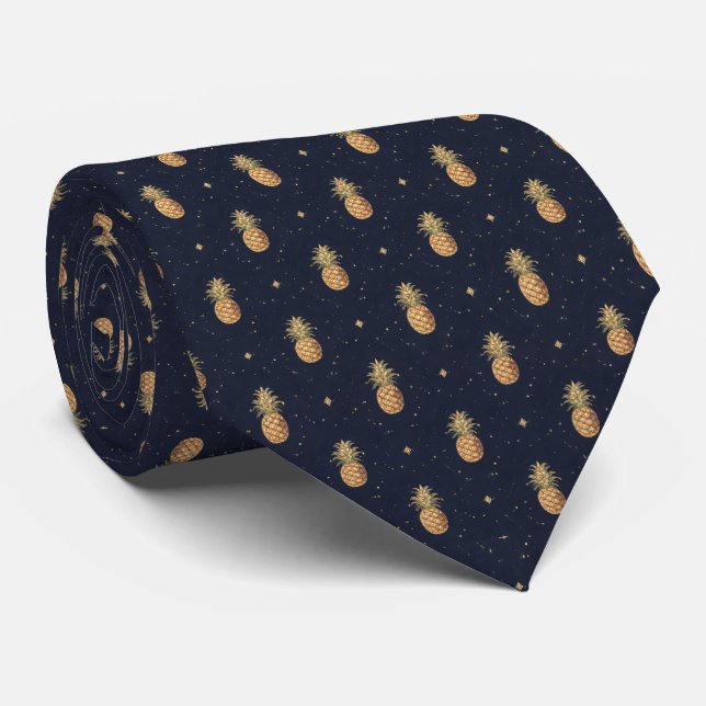 Navy Golden Pineapple Tropical Pattern Neck Tie (Rolled)