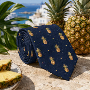 Navy Golden Pineapple Tropical Pattern Neck Tie