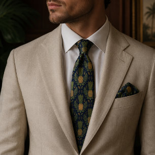Navy Golden Pineapple Vintage Tropical Neck Tie