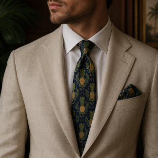Navy Golden Pineapple Vintage Tropical Neck Tie