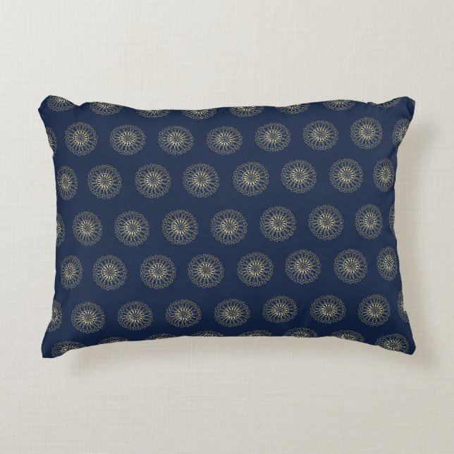 Navy | Golden Zinnia Flower Medallions Accent Pillow (Front)