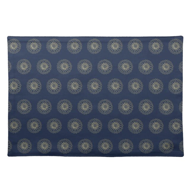 Navy | Golden Zinnia Flower Medallions Cloth Placemat (Front)