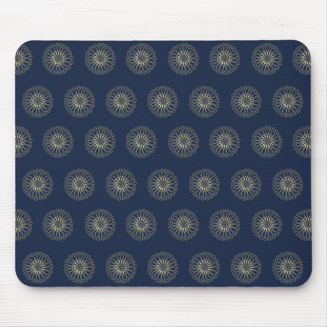 Navy | Golden Zinnia Flower Medallions Mouse Pad (Front)