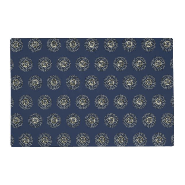 Navy | Golden Zinnia Flower Medallions Placemat (Front)