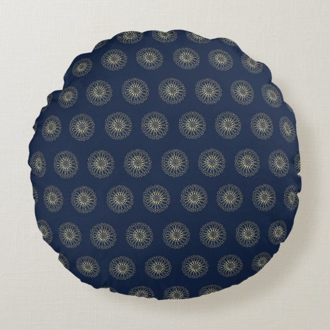 Navy | Golden Zinnia Flower Medallions Round Pillow (Front)