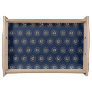 Navy   Golden Zinnia Flower Medallions Serving Tray