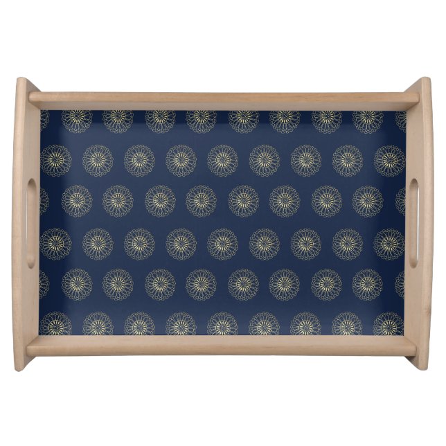 Navy | Golden Zinnia Flower Medallions Serving Tray (Front)