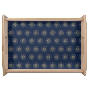 Navy   Golden Zinnia Flower Medallions Serving Tray