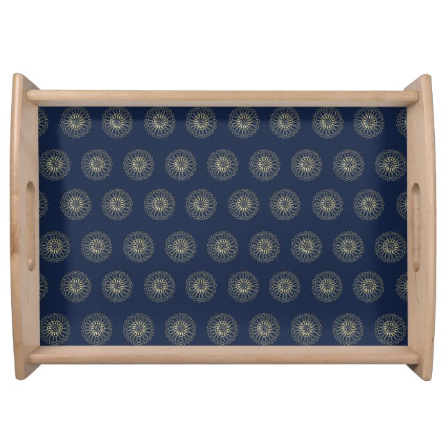 Navy | Golden Zinnia Flower Medallions Serving Tray (Front)