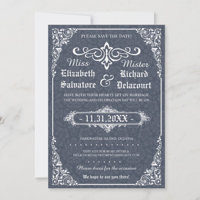 Navy Gothic Victorian Damask Save the Dates Save The Date (Front)