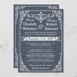 Navy Gothic Victorian Damask Wedding Invitation