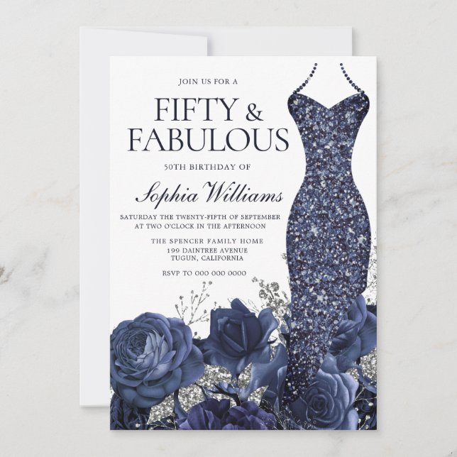 Navy Gown & Floral Fifty & Fabulous 50th Birthday Invitation (Front)