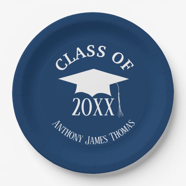 Navy Grad Cap and Leaves Paper Plates 9" (Front)