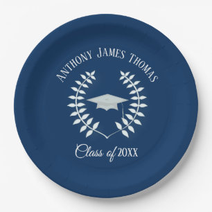 Navy Grad Cap and Leaves Paper Plates 9"