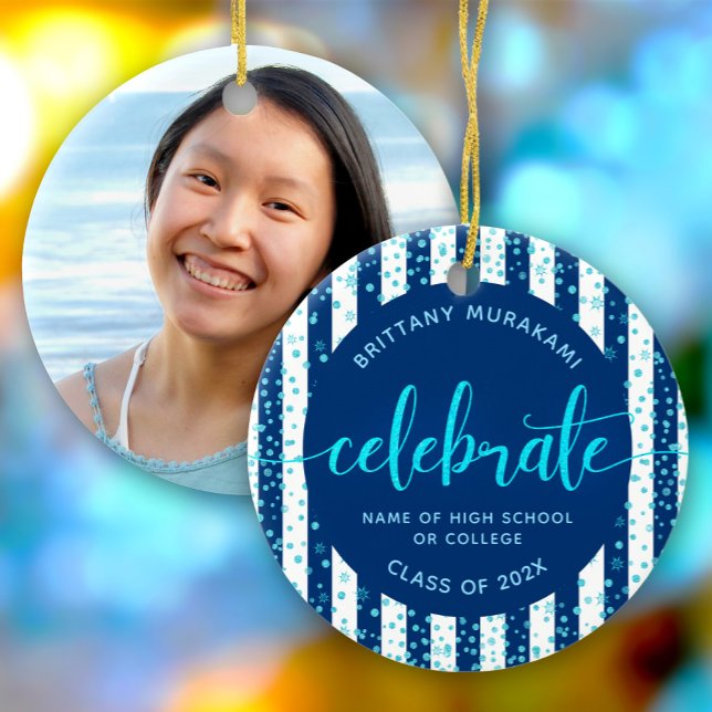 Navy Grad Photo Turquoise Glitter Script Keepsake Ceramic Ornament (Creator Uploaded)