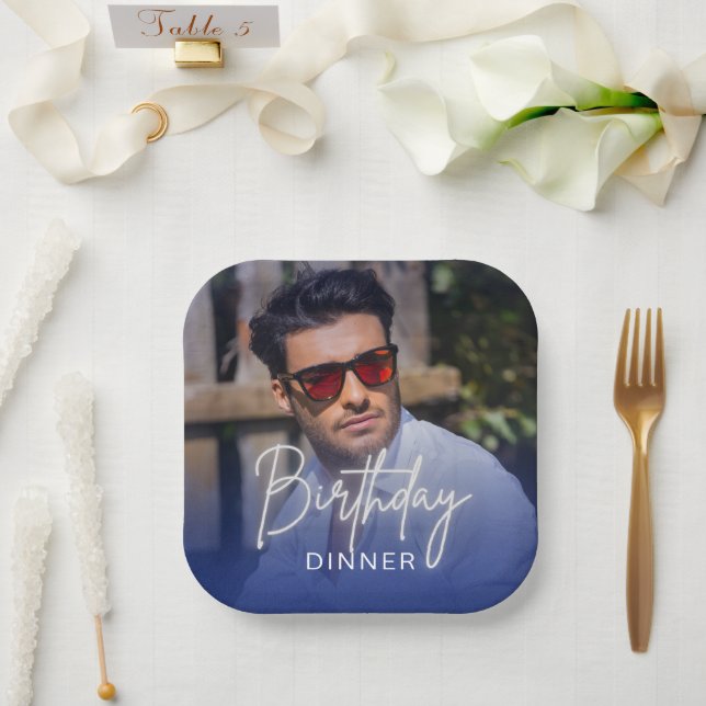 Navy Gradient Photo Birthday Dinner Paper Plates (Wedding)