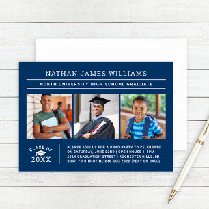 Navy Graduate Three Photo Graduation Party Invitation