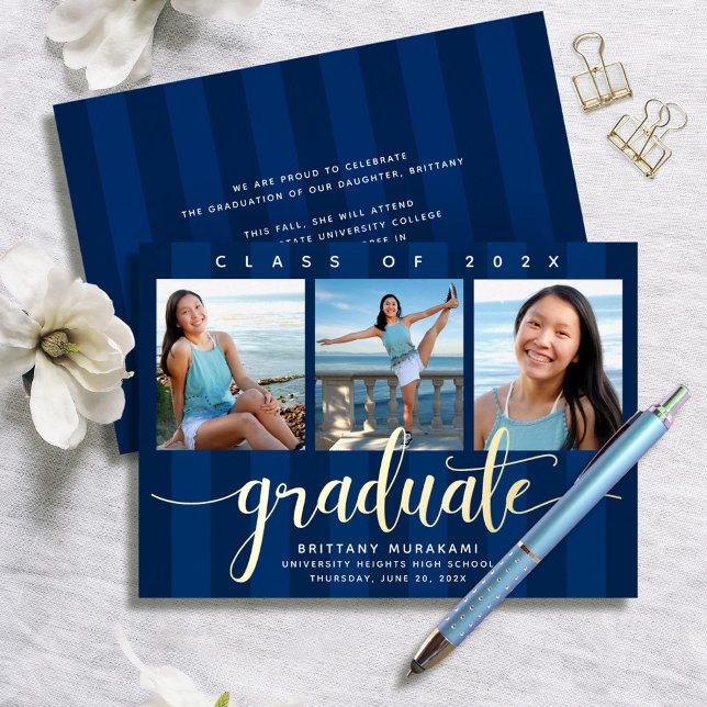 Navy graduation 3 photo modern script real gold foil invitation (Creator Uploaded)