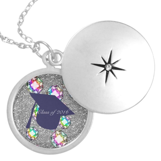 Navy Graduation Cap Faux Glitter Bling Silver Plated Necklace (Front)