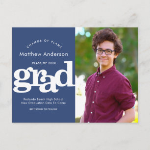 Navy graduation change plans photo bold typography invitation postcard
