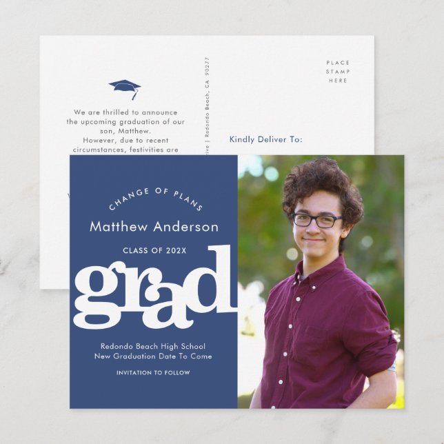 Navy graduation change plans photo bold typography invitation postcard (Front/Back)