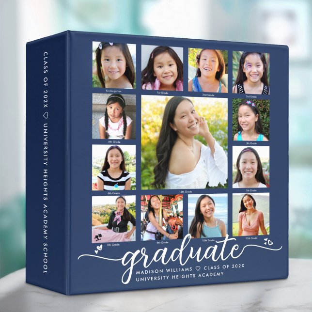 Navy Graduation K–12 Modern Script Photo Collage  3 Ring Binder (Creator Uploaded)