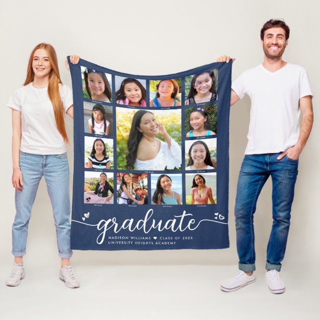 Navy Graduation K–12 Modern Script Photo Collage  Fleece Blanket (In Situ)