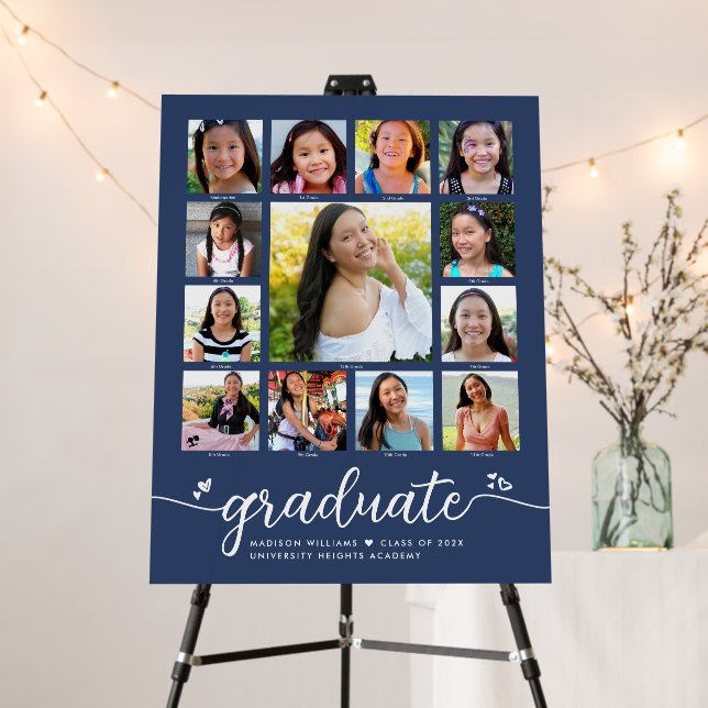 Navy Graduation K–12 Modern Script Photo Collage Foam Board (In Situ (Stand))