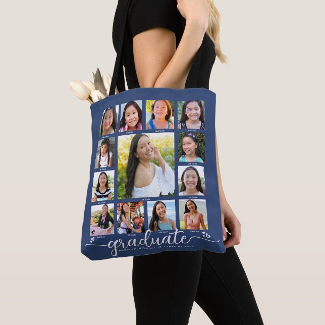 Navy Graduation K–12 Modern Script Photo Collage Tote Bag (Close Up)