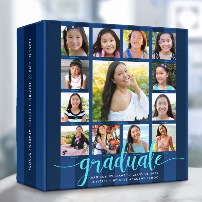 Navy Graduation K–12 Photo Collage Blue Script 3 Ring Binder (Creator Uploaded)