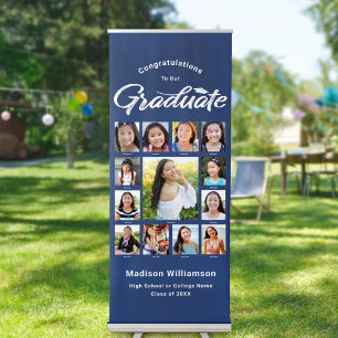 Navy Graduation K–12 Photo Collage Modern Script Retractable Banner