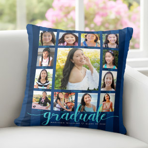 Navy Graduation K–12 Photo Collage Script Stripes Throw Pillow