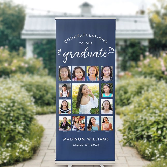 Navy Graduation K–12 Script Hearts Photo Collage Retractable Banner (Creator Uploaded)
