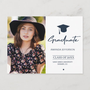 Navy Graduation Modern script simple photo Postcard