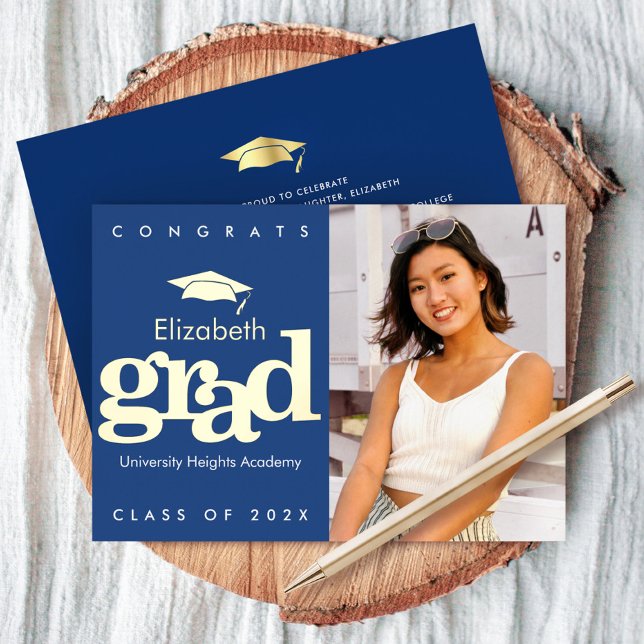 Navy graduation photo bold modern cap real gold  foil invitation (Creator Uploaded)