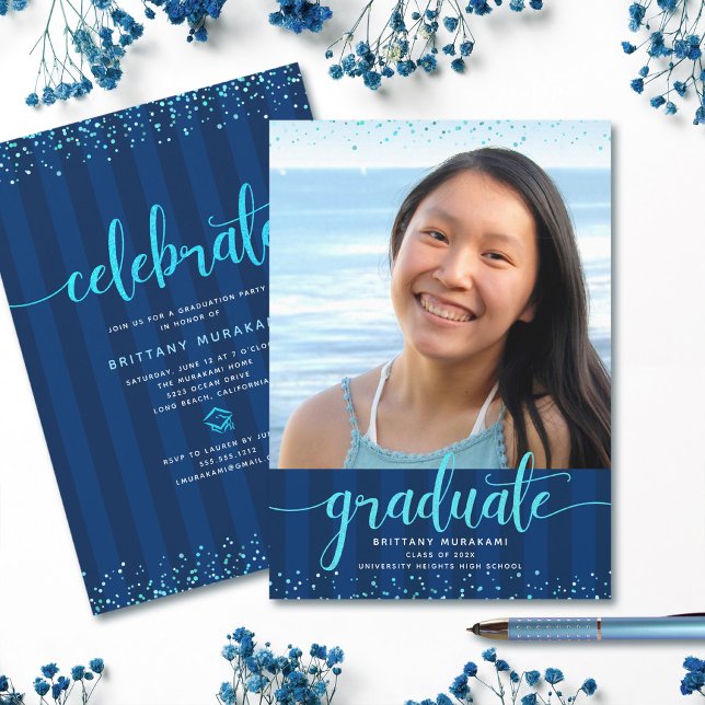 Navy graduation photo turquoise glitter script invitation (Creator Uploaded)