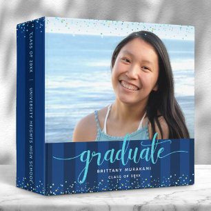 Navy graduation photo turquoise script keepsake 3 ring binder