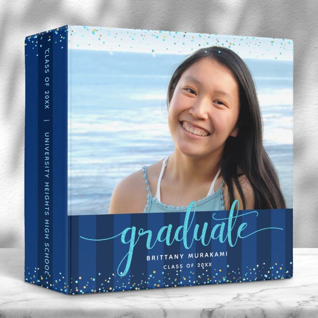 Navy graduation photo turquoise script keepsake 3 ring binder (Creator Uploaded)