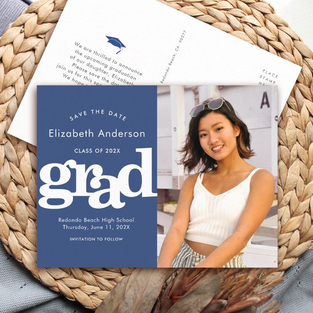 Navy graduation save date photo bold typography invitation postcard (Creator Uploaded)