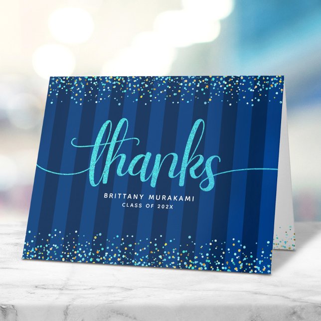 Navy graduation turquoise script stripes stylish thank you card (Creator Uploaded)