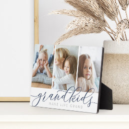 Navy | Grandkids Make Life Grand 3 Photo Collage Plaque