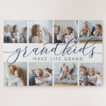 Navy | Grandkids Make Life Grand Photo Collage Jigsaw Puzzle<br><div class="desc">Create a sweet gift for a beloved grandma or grandpa with this beautiful photo collage plaque. "Grandkids make life grand" appears in the center in navy blue and gray calligraphy script lettering. Customize with eight photos of their grandchildren.</div>