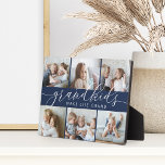 Navy | Grandkids Make Life Grand Photo Collage Plaque<br><div class="desc">Create a sweet gift for a beloved grandma or grandpa with this beautiful photo collage plaque. "Grandkids make life grand" appears in the center in white calligraphy lettering on a navy blue background. Customize with 6 photos of their grandchildren.</div>