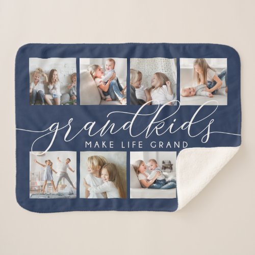 Navy  Grandkids Make Life Grand Photo Collage Sherpa Blanket